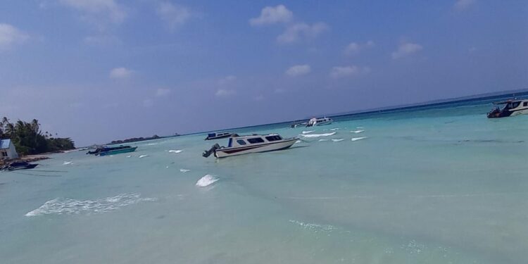 Air laut di Tepi Pantai Maratua berwarna Tosca dan menyenangkan dilihat. (dok: Sirana.id)